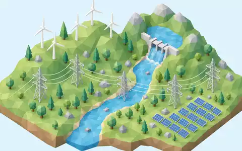 RWE AG (DE0007037129) isometrisches 3D-Diorama mit Windrädern, Stromtrasse und Solarfeld im modernen Low-Poly-Stil - Foto: THN