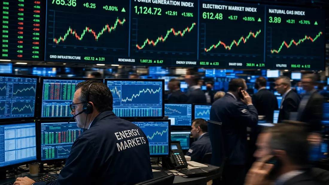 Börsen-Editorial mit Versorger-Index, Energiepreis-Charts und Trading-Floor