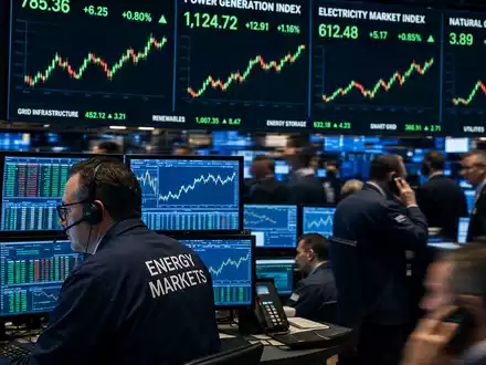 RWE AG (DE0007037129) Börsen-Editorial mit Versorger-Index, Energiepreis-Charts und Trader-Silhouetten auf einem geschäftigen Trading-Floor - Foto: THN