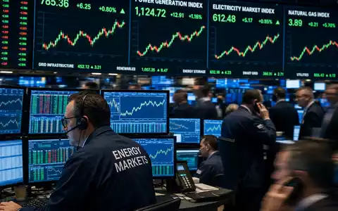 RWE AG (DE0007037129) Börsen-Editorial mit Versorger-Index, Energiepreis-Charts und Trader-Silhouetten auf einem geschäftigen Trading-Floor - Foto: THN