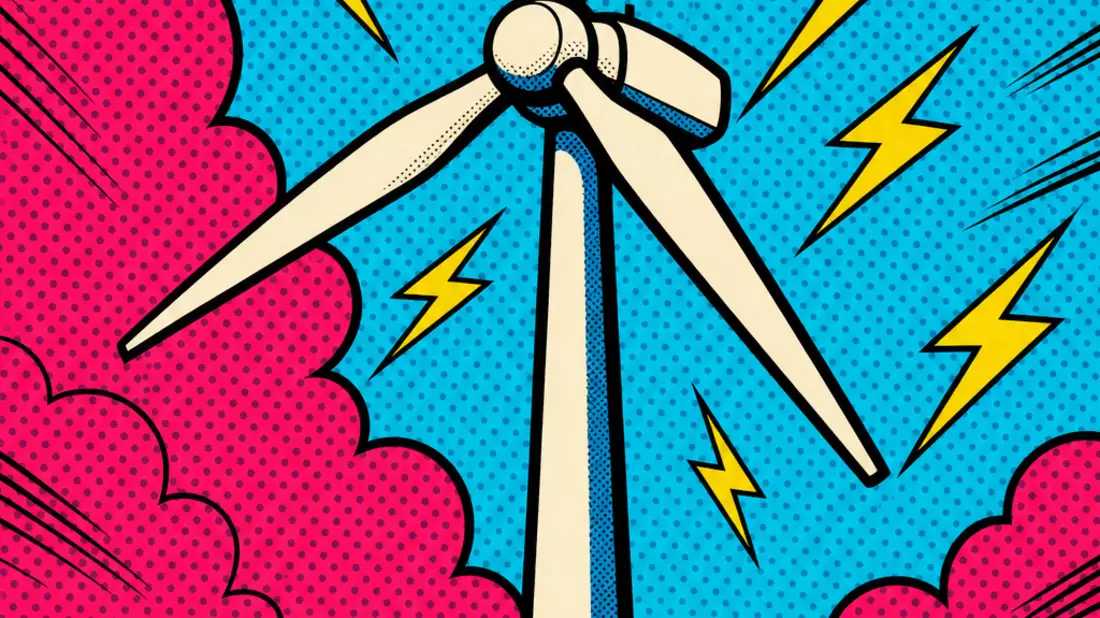 Pop-Art-Comic-Windrad im Halftone-Raster mit Blitz-Symbolen, leuchtende Farben