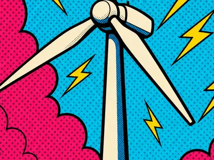 RWE AG (DE0007037129) Pop-Art-Comic-Windrad im Halftone-Raster mit Blitz-Symbolen und leuchtenden, knalligen Pop-Farben - Foto: THN