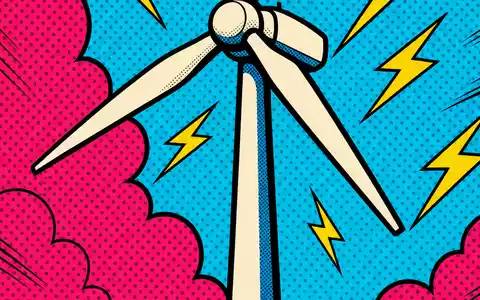 RWE AG (DE0007037129) Pop-Art-Comic-Windrad im Halftone-Raster mit Blitz-Symbolen und leuchtenden, knalligen Pop-Farben - Foto: THN