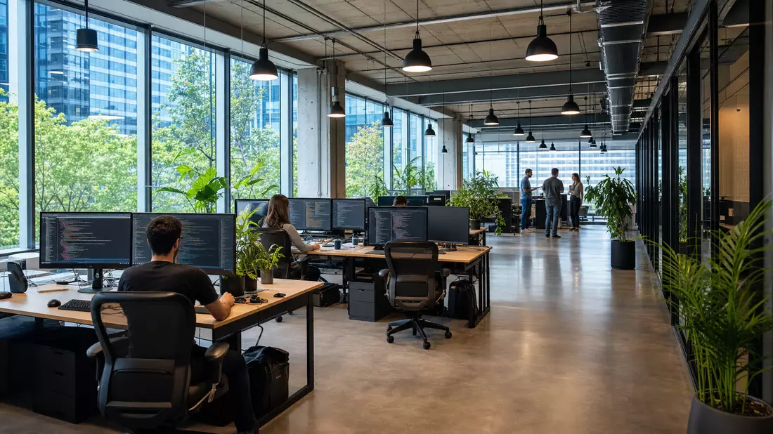 Modernes Open-Space-Büro mit Glasfronten und Entwickler-Arbeitsplätzen, natürliches Licht