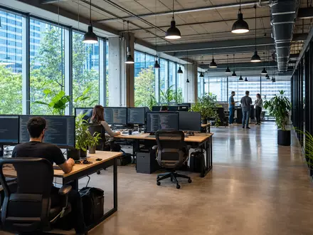 SAP SE (DE0007164600) zeigt ein modernes Open-Space-Büro mit Glasfronten und Entwickler-Arbeitsplätzen bei natürlichem Tageslicht - Foto: THN