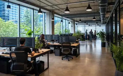 SAP SE (DE0007164600) zeigt ein modernes Open-Space-Büro mit Glasfronten und Entwickler-Arbeitsplätzen bei natürlichem Tageslicht - Foto: THN