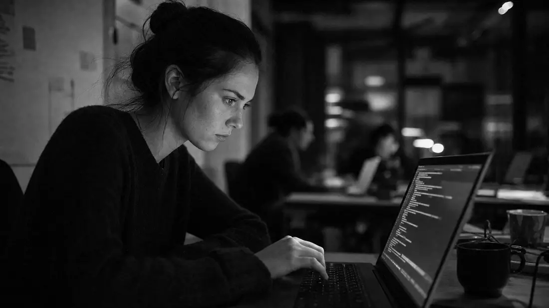 Programmiererin am Laptop, dokumentarische Schwarzweiß-Reportage mit körniger Textur