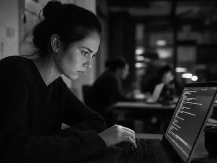 SAP SE (DE0007164600) Programmiererin konzentriert am Laptop, eine dokumentarische Schwarzweiß-Reportage mit körniger, authentischer Textur - Foto: THN