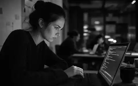 SAP SE (DE0007164600) Programmiererin konzentriert am Laptop, eine dokumentarische Schwarzweiß-Reportage mit körniger, authentischer Textur - Foto: THN