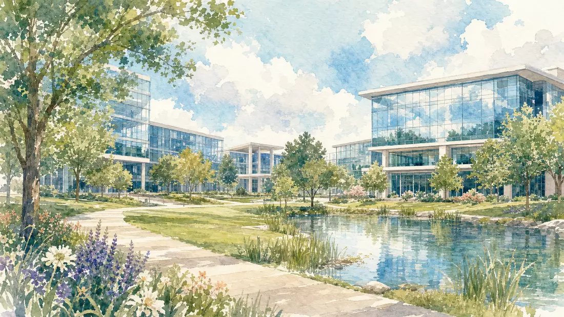 Walldorf-Campus-Landschaft mit Bäumen, weiches Aquarell in Pastelltönen