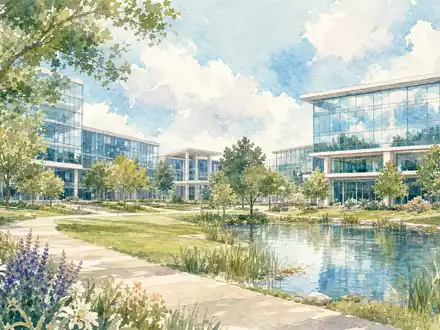 SAP SE (DE0007164600) Walldorf-Campus-Landschaft mit Bäumen und Glasgebäuden als weiches Aquarell in zarten Pastelltönen - Foto: THN