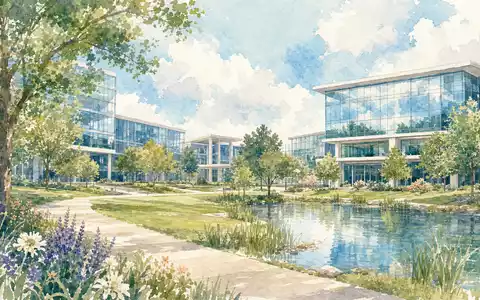SAP SE (DE0007164600) Walldorf-Campus-Landschaft mit Bäumen und Glasgebäuden als weiches Aquarell in zarten Pastelltönen - Foto: THN