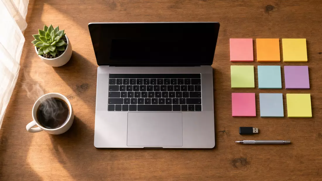 Flatlay mit Notebook, Kaffeetasse, Sticky Notes und USB-Stick auf Holzschreibtisch
