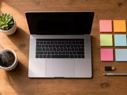 SAP SE (DE0007164600) Flatlay mit Notebook, Kaffeetasse, Sticky Notes und USB-Stick auf Holzschreibtisch - Foto: THN