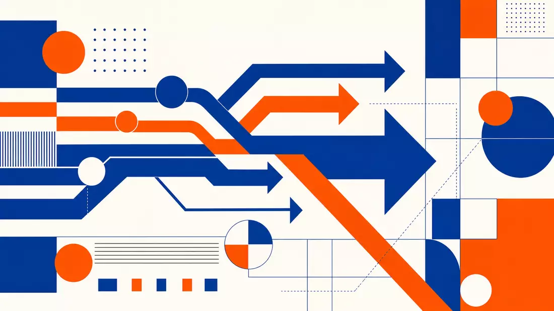Bauhaus-Poster mit stilisierten Datenfluss-Pfeilen in Blau, Orange und Weiß.