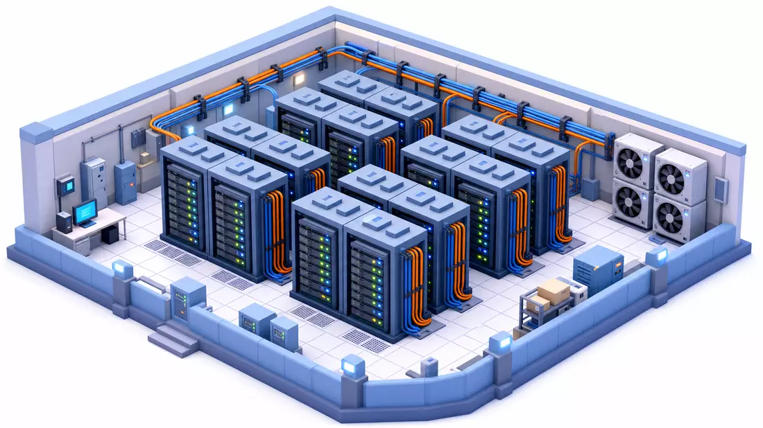 Isometrisches 3D-Mini-Datacenter mit Serverracks und Netzwerk-Kabeln, Low-Poly