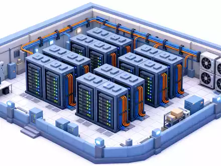 SAP SE (DE0007164600) isometrisches 3D-Mini-Datacenter mit Serverracks, Netzwerk-Kabeln und Klimatechnik im modernen Low-Poly-Stil - Foto: THN