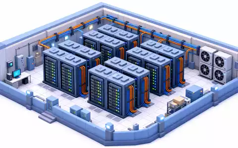 SAP SE (DE0007164600) isometrisches 3D-Mini-Datacenter mit Serverracks, Netzwerk-Kabeln und Klimatechnik im modernen Low-Poly-Stil - Foto: THN