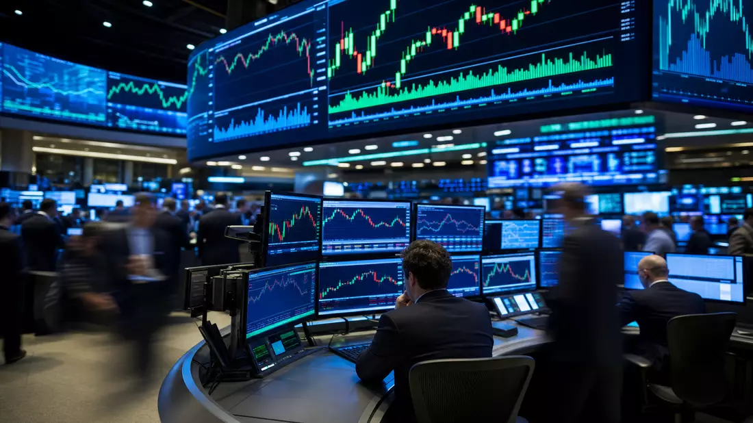 DAX-Tafel mit Tech-Index und Trading-Floor-Bildschirmen, Börsen-Editorial