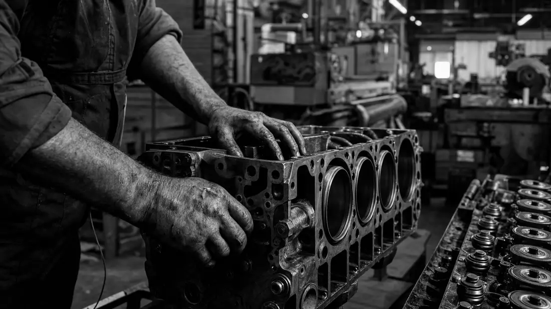 Schwarz-weiße Reportagefotografie von Arbeiterhänden an einem Motorblock in der Werkshalle