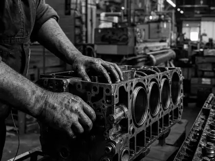 Porsche AG DE000PAG9113 Werksreportage: Arbeiter Hände halten Motorblock in körnigem Schwarz Weiß Foto - Foto: THN