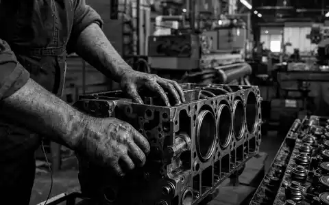 Porsche AG DE000PAG9113 Werksreportage: Arbeiter Hände halten Motorblock in körnigem Schwarz Weiß Foto - Foto: THN