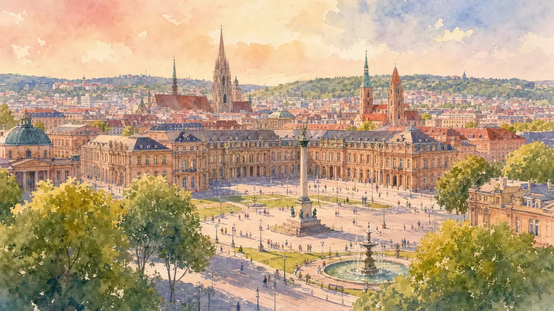 Aquarellbild des Stuttgarter Schlossplatzes mit klassischer Architektur in weichen Pastellfarben