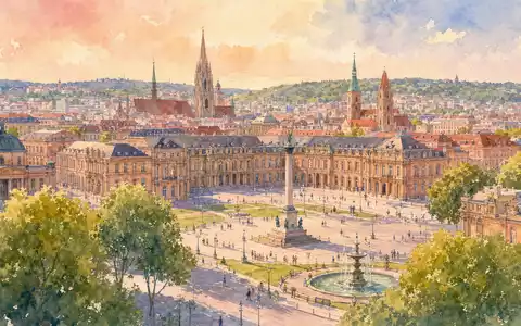 Porsche AG Stammaktie DE000PAG9113: Stuttgarter Schlossplatz als Aquarell in weichen Pastell Farbtönen - Foto: THN
