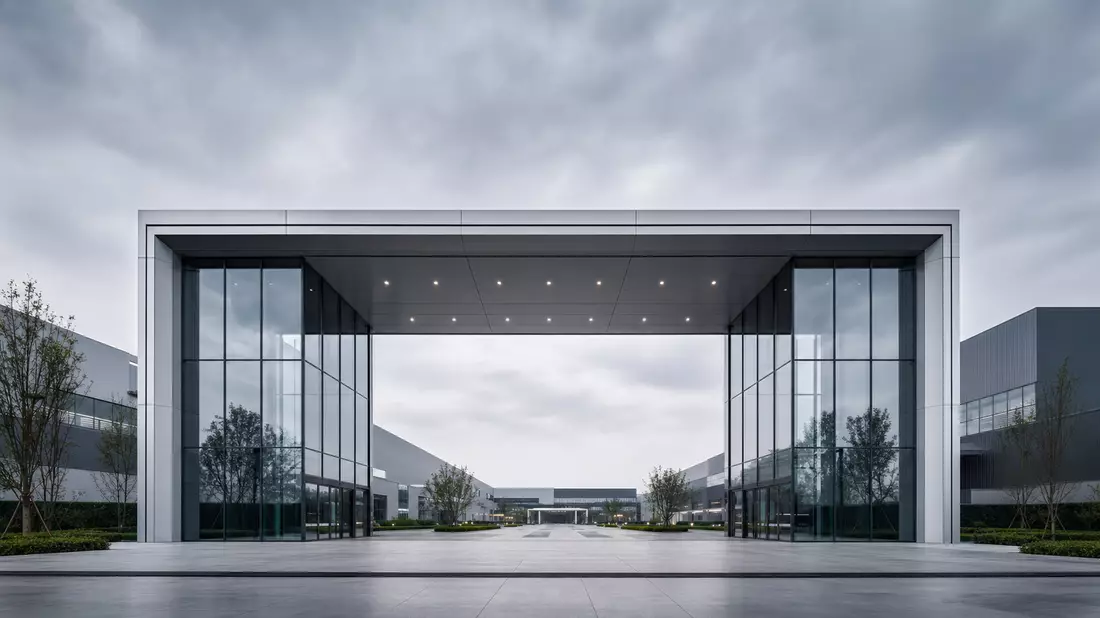 Modernistisches Glas-Stahl-Werkstor eines Automobilwerks, symmetrische Architektur, bewölkter Himmel