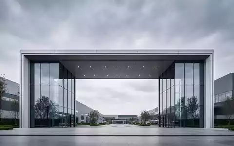 Porsche AG Werk DE000PAG9113 in Zuffenhausen: Eingangstor aus Glas und Stahl, modernistische Architektur - Foto: THN