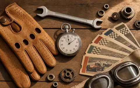 Porsche AG DE000PAG9113 Motorsport: Flatlay mit Lederhandschuhen, Schraubenschlüssel und Stoppuhr auf Holz - Foto: THN