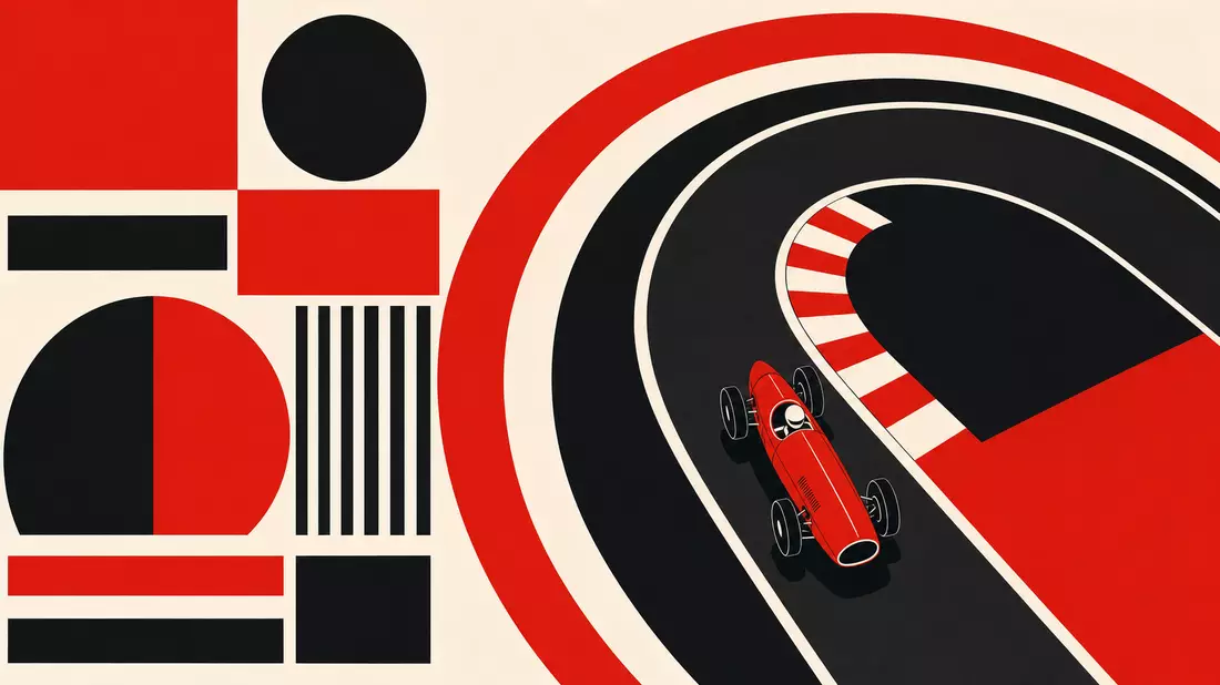 Bauhaus-Grafikposter einer Rennstrecken-Kurve in Rot, Schwarz und Weiß mit geometrischen Formen