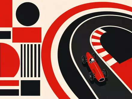 Porsche AG SINCE 1931 DE000PAG9113: Bauhaus Poster mit Rennstrecken Kurve in Rot Schwarz und Weiß - Foto: THN