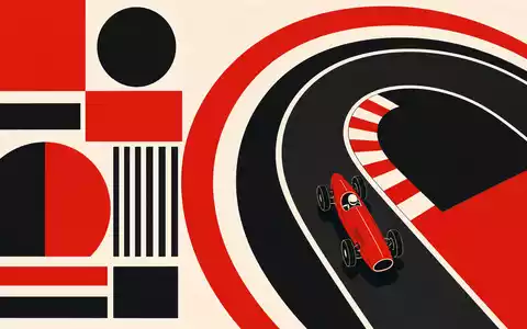Porsche AG SINCE 1931 DE000PAG9113: Bauhaus Poster mit Rennstrecken Kurve in Rot Schwarz und Weiß - Foto: THN