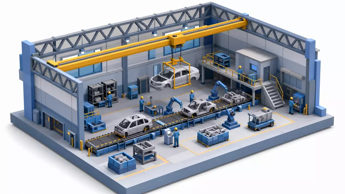 Isometrisches Low-Poly-3D-Diorama einer Fahrzeugproduktionshalle mit gelbem Hallenkran