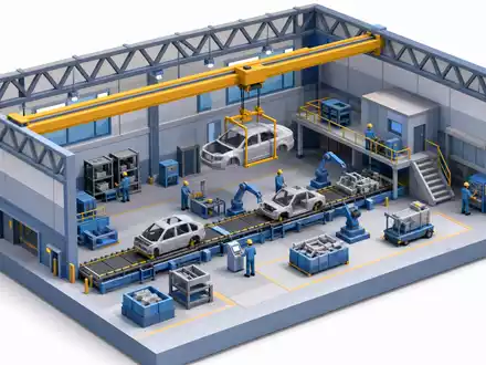 Porsche AG Produktion DE000PAG9113: isometrisches Diorama der Werkshalle mit Hallenkran und Auto Karosse - Foto: THN
