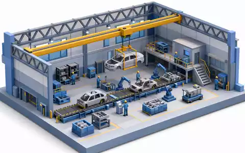 Porsche AG Produktion DE000PAG9113: isometrisches Diorama der Werkshalle mit Hallenkran und Auto Karosse - Foto: THN