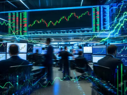 Porsche AG Aktie DE000PAG9113 im DAX: Trading Floor Editorial mit abstrakten Kurslinien auf Monitoren - Foto: THN