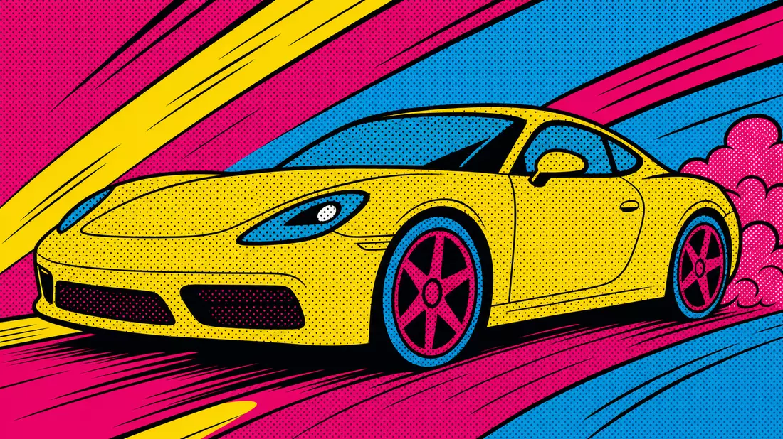 Pop-Art-Comic eines gelben Sportwagens in Halftone-Raster mit Magenta und Cyan Hintergrund
