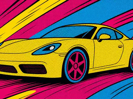 Porsche AG DE000PAG9113 Pop Art Comic: Sportwagen Silhouette in Halftone Raster und bunten Knall Farben - Foto: THN