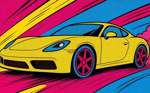 Porsche AG DE000PAG9113 Pop Art Comic: Sportwagen Silhouette in Halftone Raster und bunten Knall Farben - Foto: THN