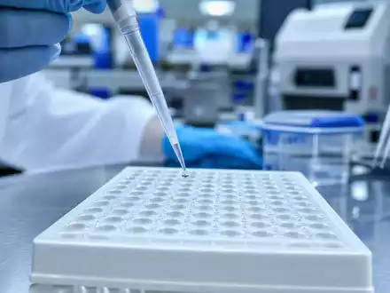 Qiagen N.V. (NL0012169213) Pipette tropft klare Flüssigkeit in sterile 96-Well-Platte im klinischen Labor - Foto: THN