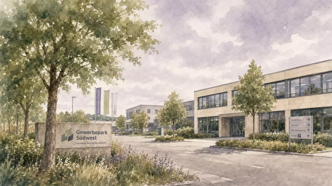 Hilden-Industriepark mit Bäumen, weiches Aquarell in Pastelltönen.