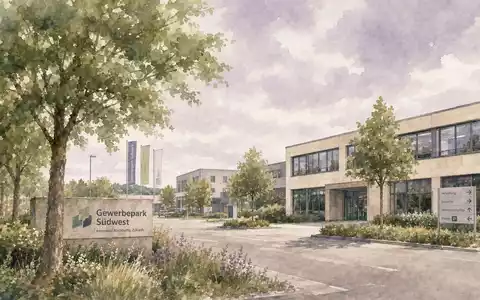 Qiagen N.V. (NL0012169213) Hilden-Industriepark mit Bäumen und Glasgebäuden als weiches Aquarell in zarten Pastelltönen - Foto: THN
