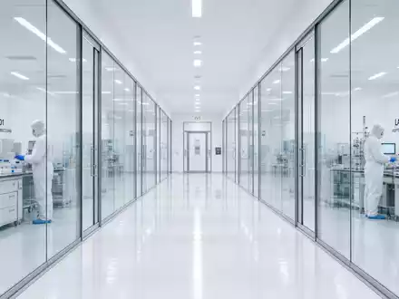 Qiagen N.V. (NL0012169213) weißer Reinraum-Korridor mit Glaswänden, klaren Linien und klinisch-kühler, sterile Laboratmosphäre - Foto: THN