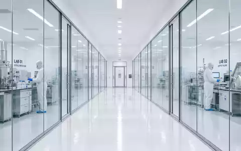 Qiagen N.V. (NL0012169213) weiĂer Reinraum-Korridor mit GlaswĂ€nden, klaren Linien und klinisch-kĂŒhler, sterile LaboratmosphĂ€re - Foto: THN
