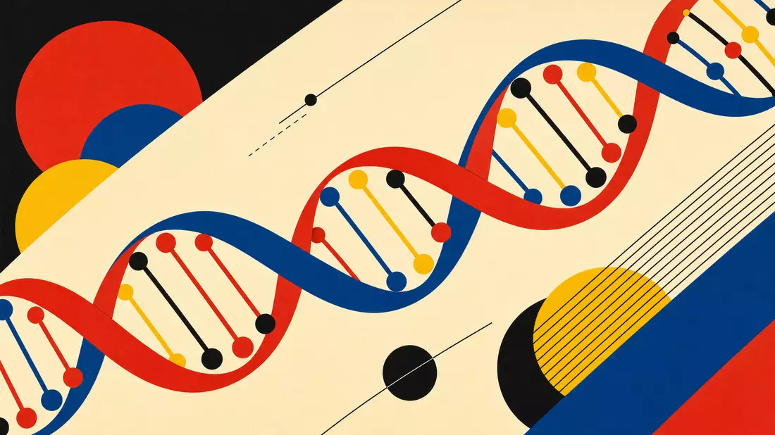 Bauhaus-Poster mit stilisierter DNA-Doppelhelix in kräftigen Primärfarben