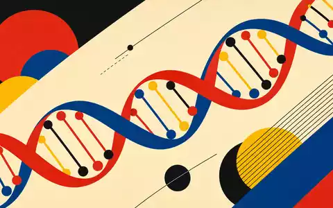 Qiagen N.V. (NL0012169213) Bauhaus-Poster mit stilisierter DNA-Doppelhelix in kräftigen Primärfarben und geometrischer Komposition - Foto: THN