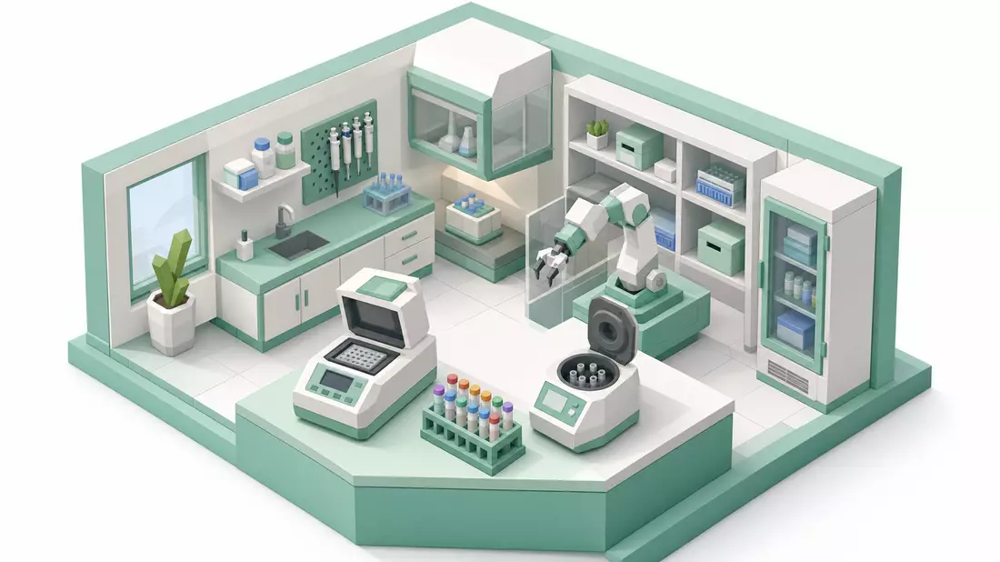 Isometrisches 3D-Labor-Diorama mit PCR-Gerät und Roboterarm, Low-Poly
