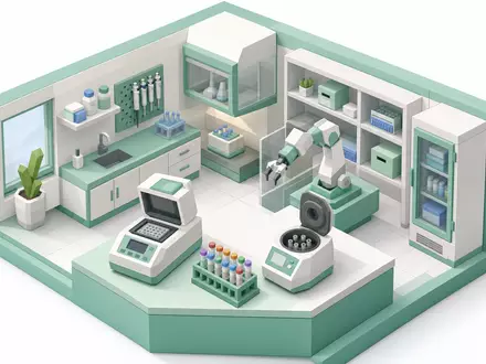 Qiagen N.V. (NL0012169213) isometrisches 3D-Labor-Diorama mit PCR-Gerät, Roboterarm und Zentrifuge im Low-Poly-Stil - Foto: THN
